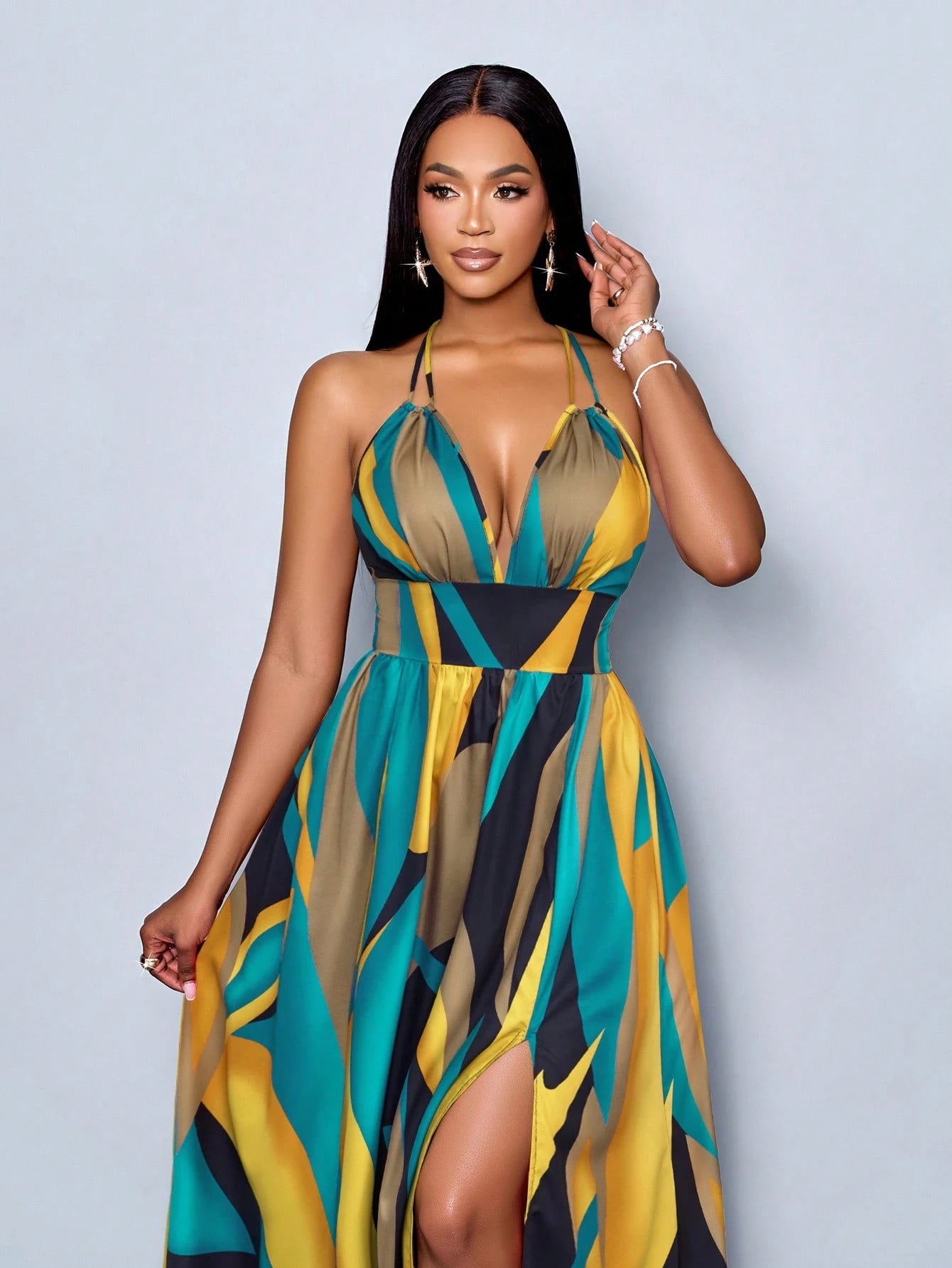 SOLERSUN Women Casual Holiday Deep V Neck Backless Ruched Split Thigh Maxi Dress With Botanical Print - image 15