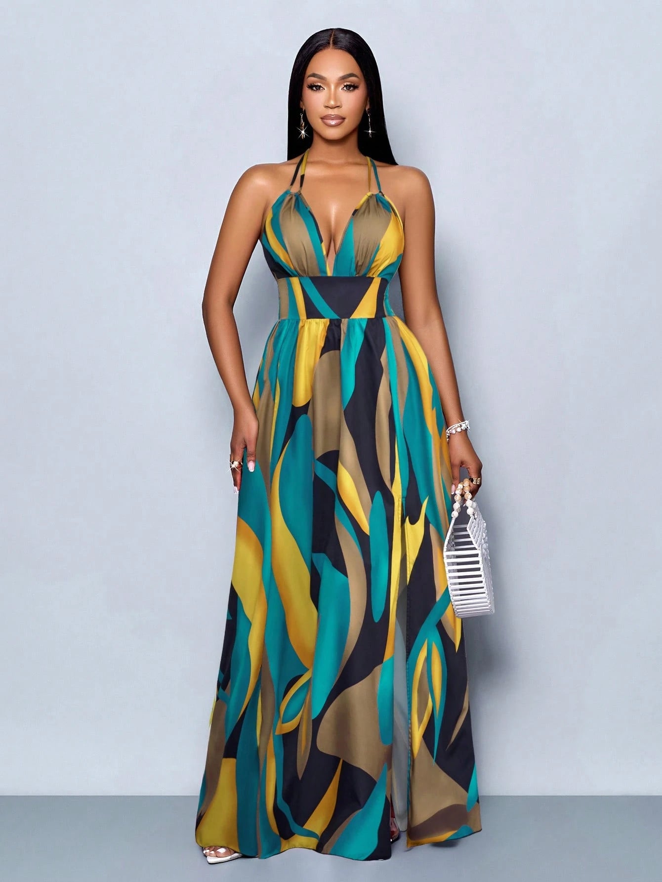 SOLERSUN Women Casual Holiday Deep V Neck Backless Ruched Split Thigh Maxi Dress With Botanical Print - image 16
