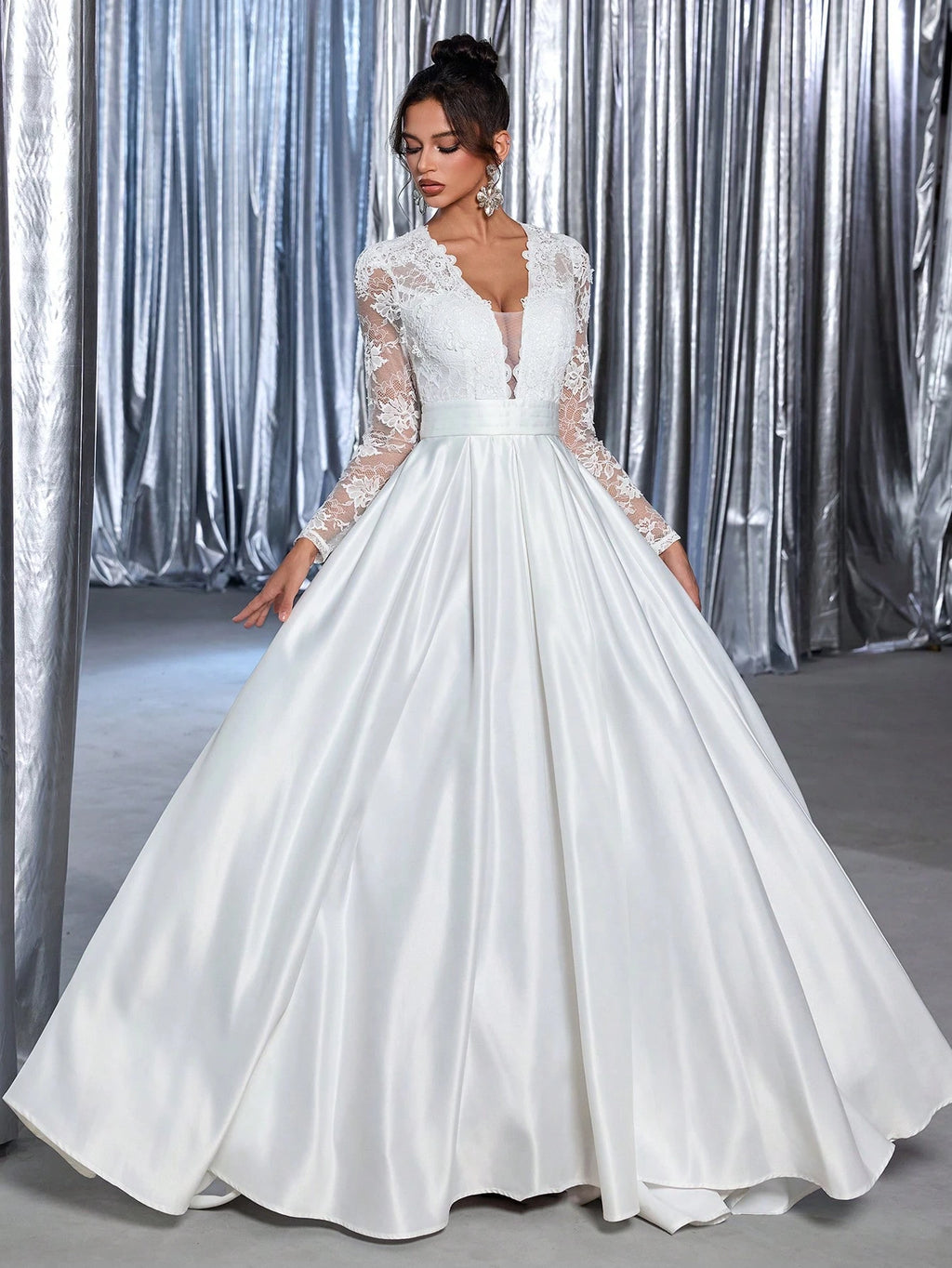 Glamrae White Summer Elegant Silky Formal Wedding Luxury Embroidered Applique Lace Long Sleeve Satin Ruched - image 2