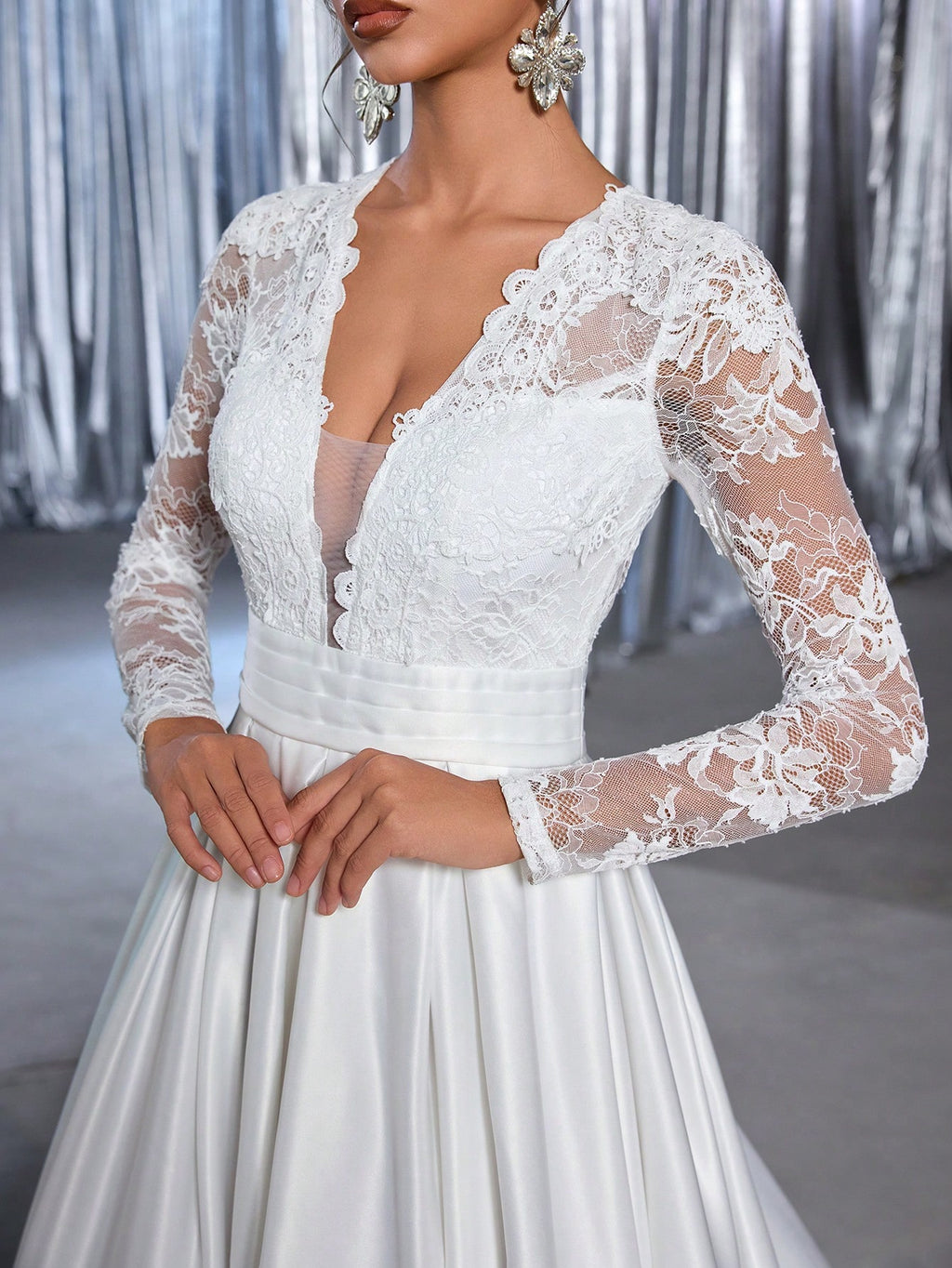 Glamrae White Summer Elegant Silky Formal Wedding Luxury Embroidered Applique Lace Long Sleeve Satin Ruched - image 3
