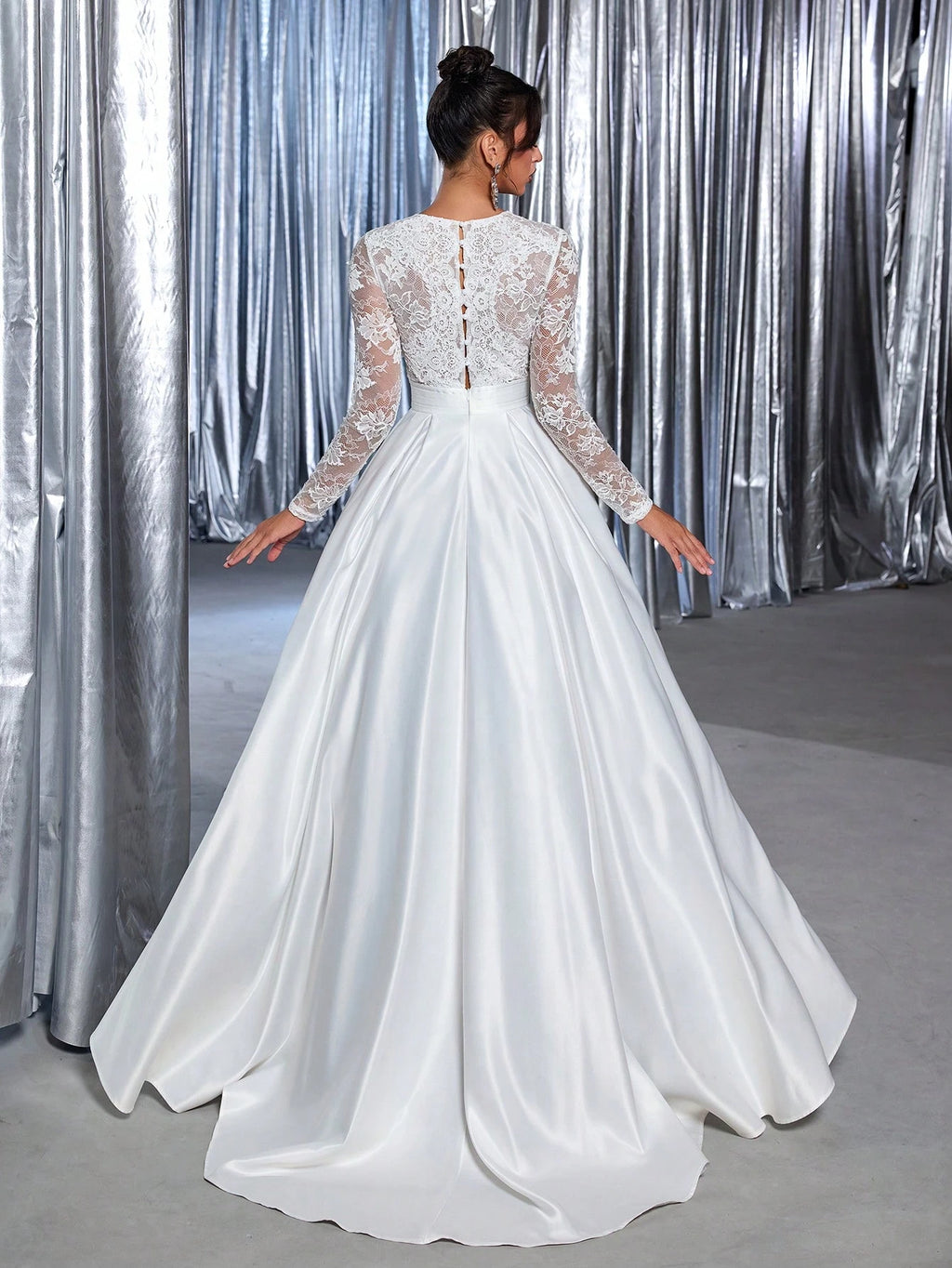 Glamrae White Summer Elegant Silky Formal Wedding Luxury Embroidered Applique Lace Long Sleeve Satin Ruched - image 4
