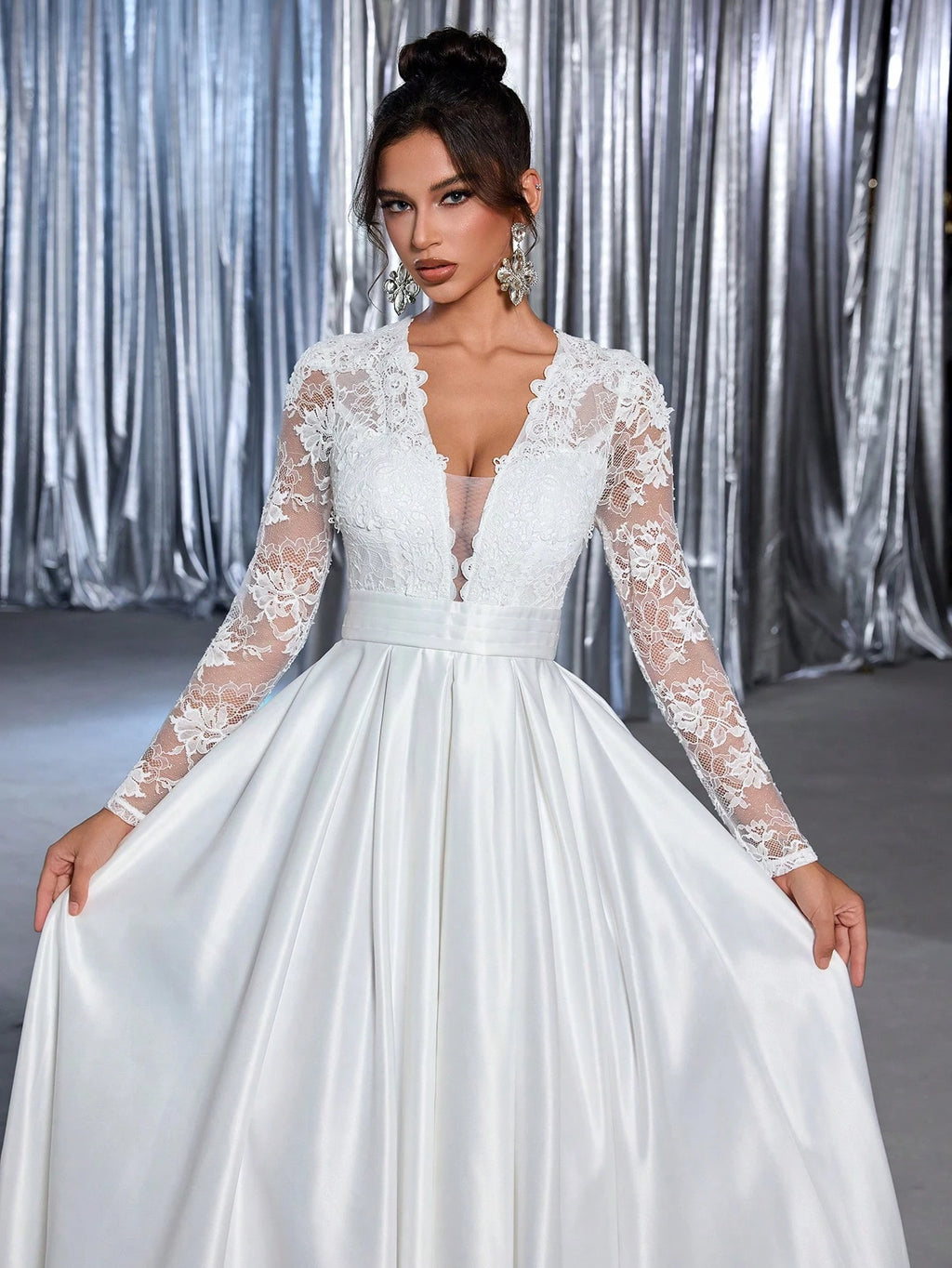 Glamrae White Summer Elegant Silky Formal Wedding Luxury Embroidered Applique Lace Long Sleeve Satin Ruched