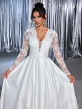 Glamrae White Summer Elegant Silky Formal Wedding Luxury Embroidered Applique Lace Long Sleeve Satin Ruched