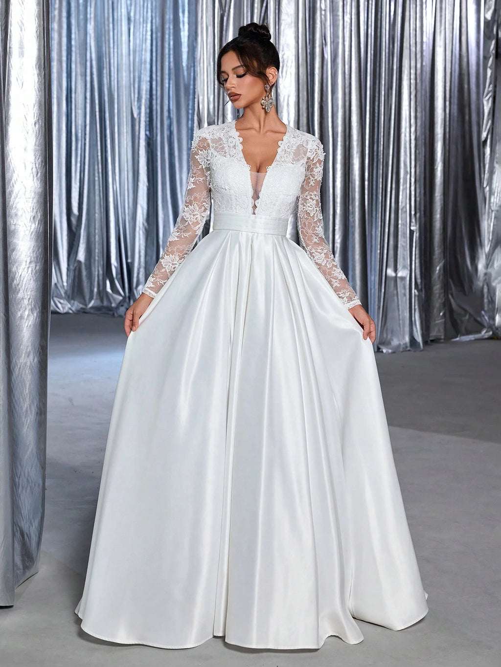 Glamrae White Summer Elegant Silky Formal Wedding Luxury Embroidered Applique Lace Long Sleeve Satin Ruched - image 5