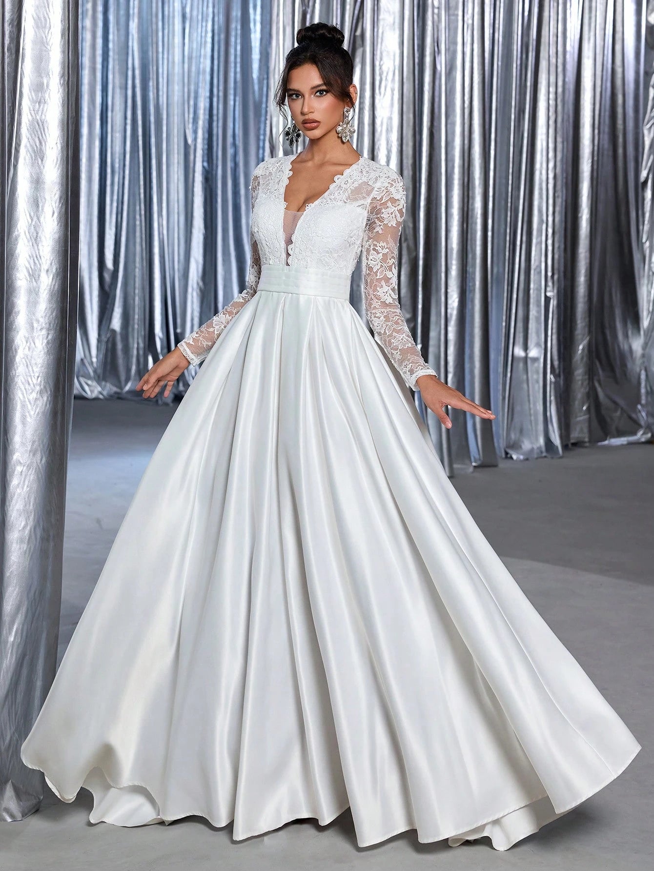 Glamrae White Summer Elegant Silky Formal Wedding Luxury Embroidered Applique Lace Long Sleeve Satin Ruched - image 7