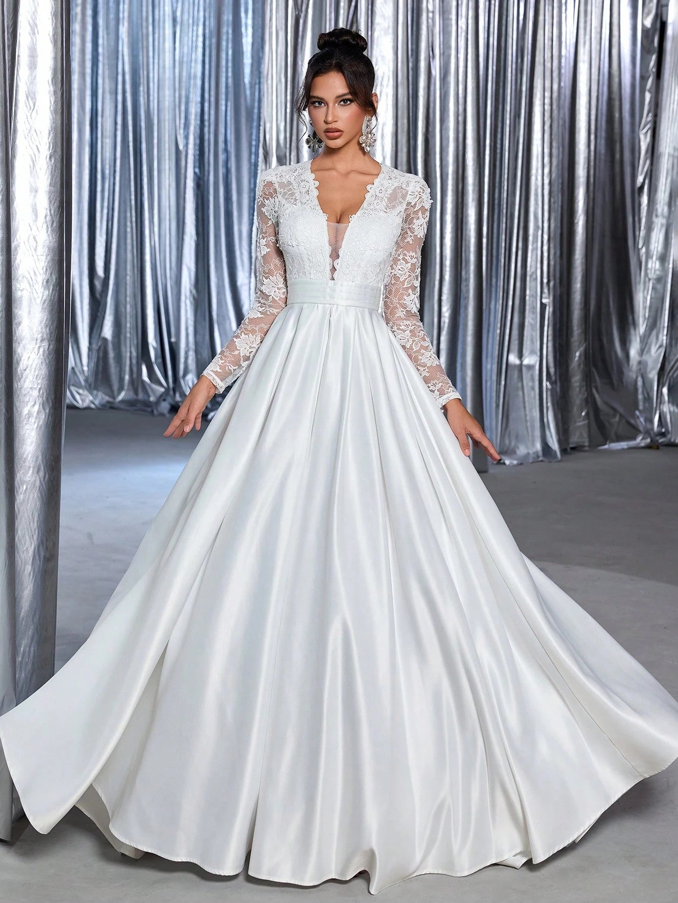 Glamrae White Summer Elegant Silky Formal Wedding Luxury Embroidered Applique Lace Long Sleeve Satin Ruched - image 6