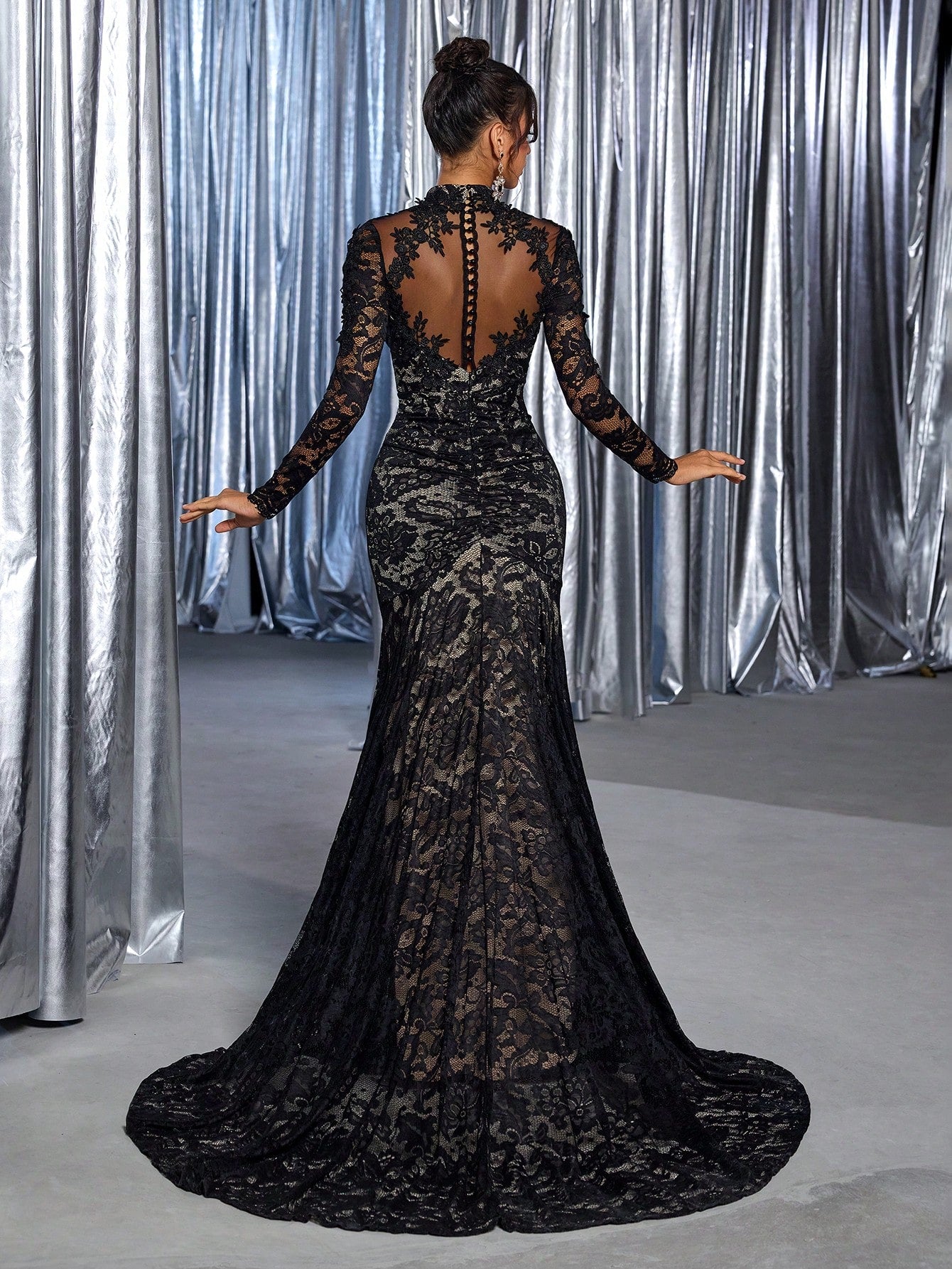 Belle Black Winter Elegant Formal Goth Evening Wedding Luxurious Embroidered Stretchy Lace Sheer Long Sleeve - image 8