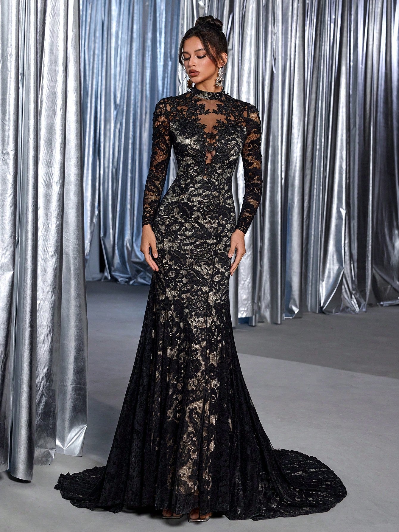 Belle Black Winter Elegant Formal Goth Evening Wedding Luxurious Embroidered Stretchy Lace Sheer Long Sleeve - image 9