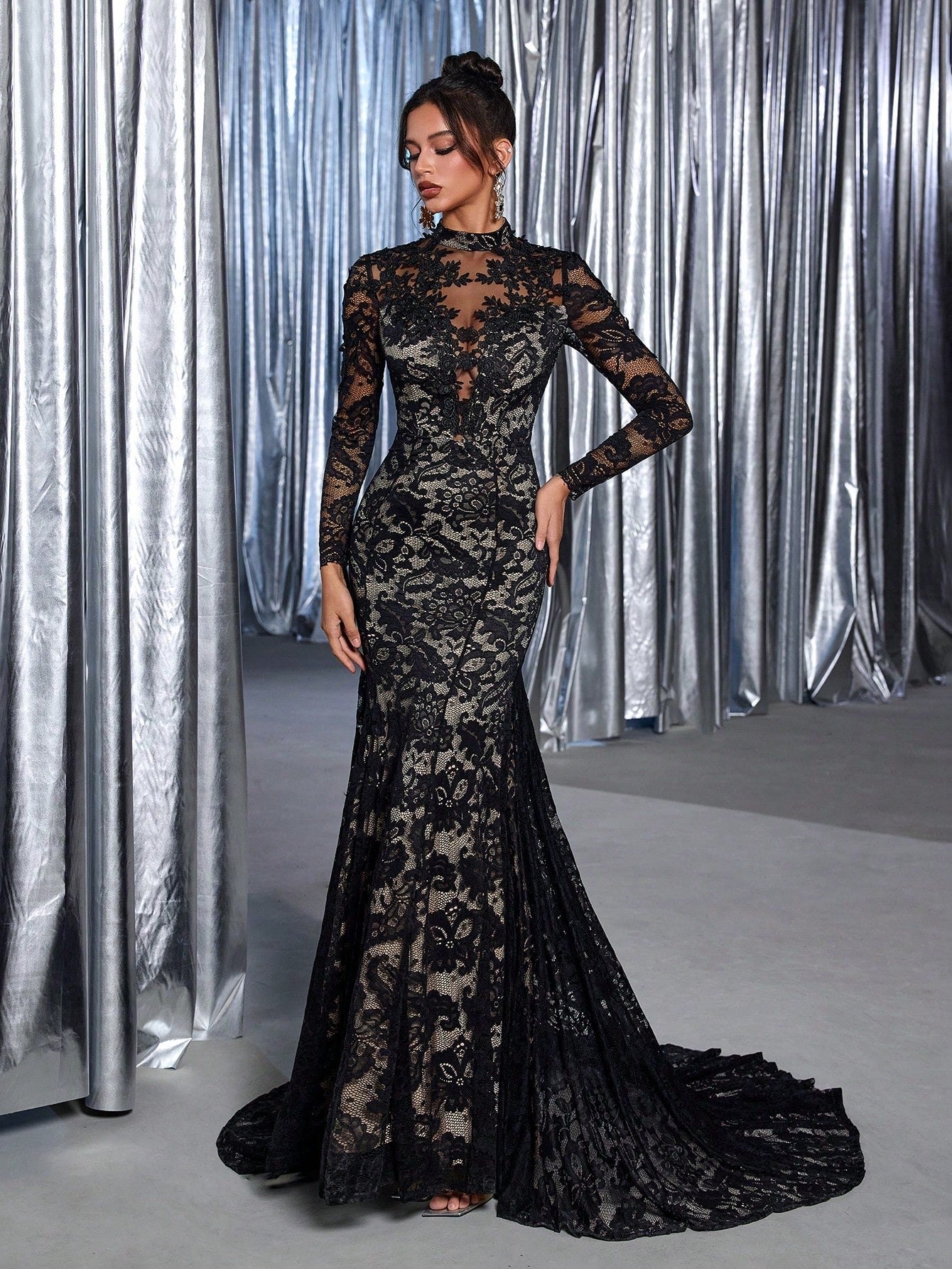 Belle Black Winter Elegant Formal Goth Evening Wedding Luxurious Embroidered Stretchy Lace Sheer Long Sleeve - image 11