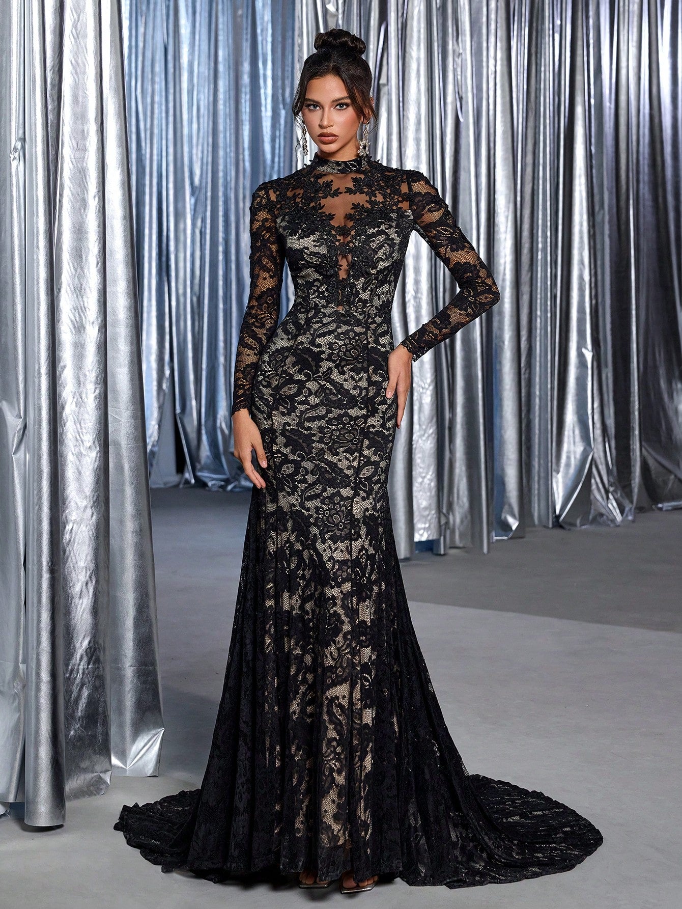 Belle Black Winter Elegant Formal Goth Evening Wedding Luxurious Embroidered Stretchy Lace Sheer Long Sleeve - image 13
