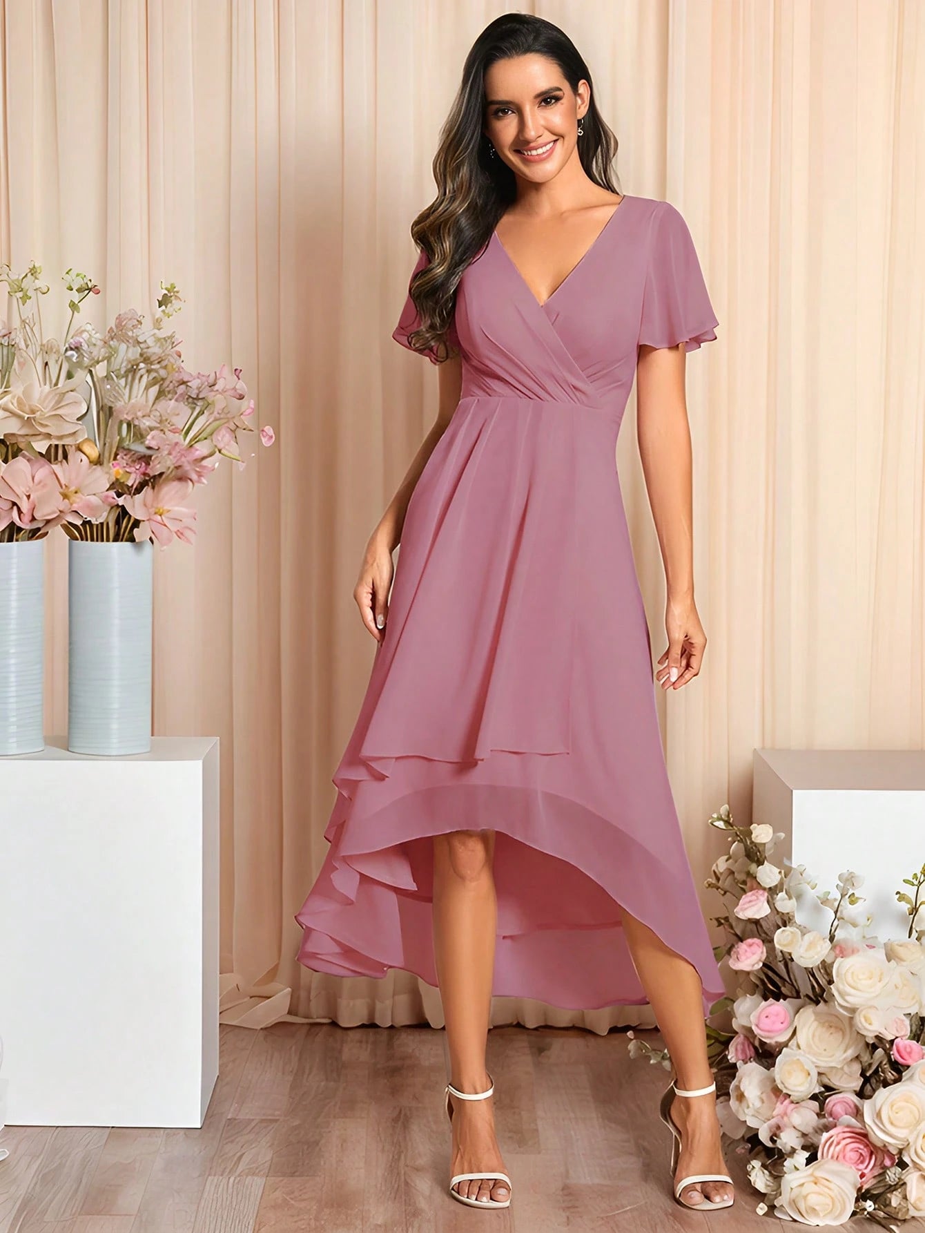 EVERPRETTY Elegant Ruffle Hem Contrast Color A-Line Mid-Length