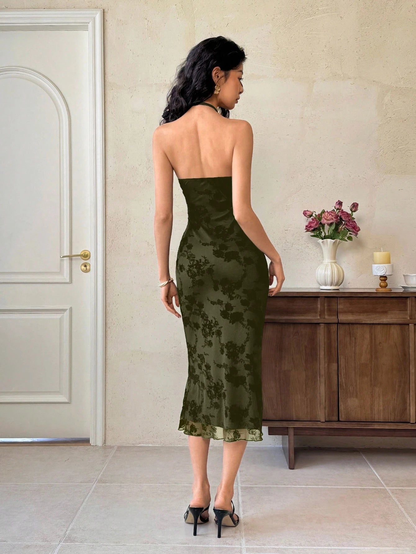 EastFlair Women's Elegant Floral Print Mesh Backless Midi Dress, & Fitted Burgundy Wine Dress For Wedding - image 12