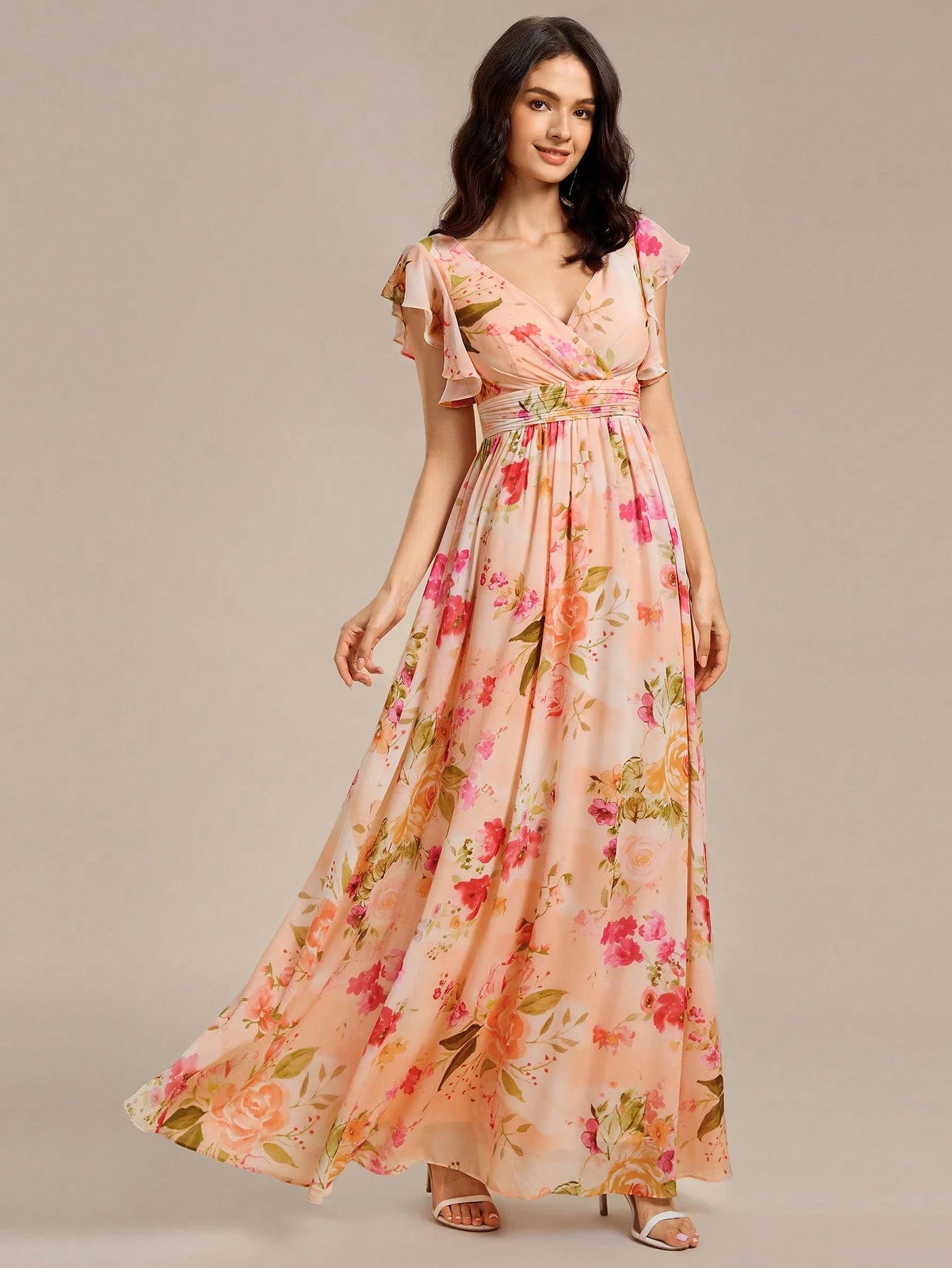 Asymmetric Ruffle Sleeve V-Neck Chiffon Green Bridesmaid Dress,