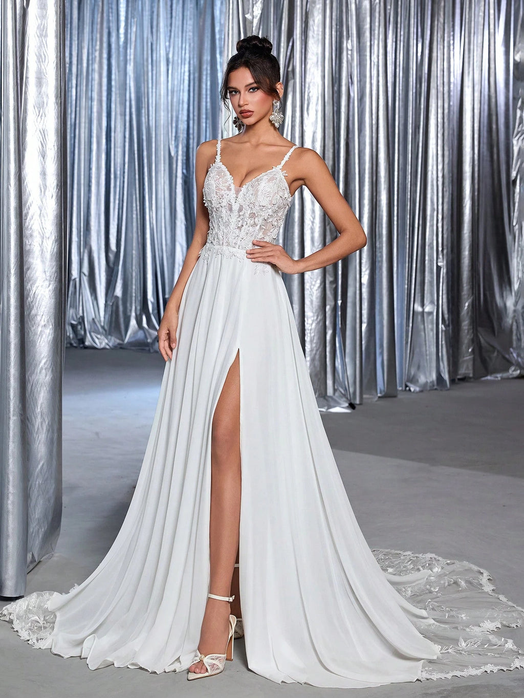Glamrae Petite White, Summer, Elegant, Silky, Formal, Wedding Dress For Bride, Luxurious Embroidered Sequin - image 4
