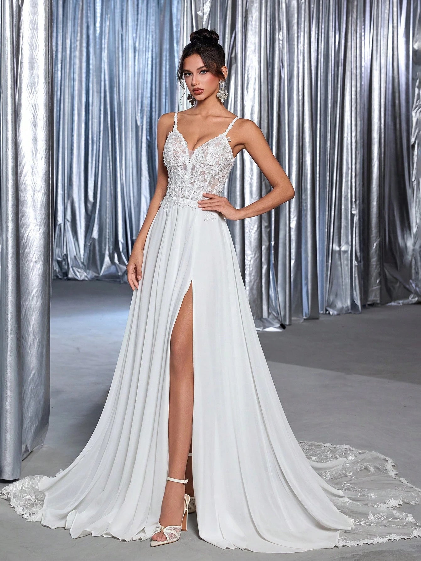 Glamrae Petite White, Summer, Elegant, Silky, Formal, Wedding Dress For Bride, Luxurious Embroidered Sequin - image 4