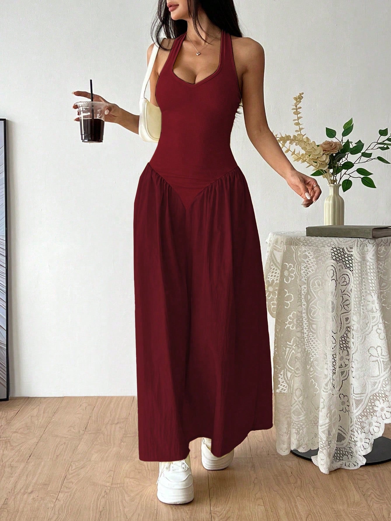 Flirla French Deep V-Neck Sexy Halter Tie-Up Splice Ruched Waist Dress