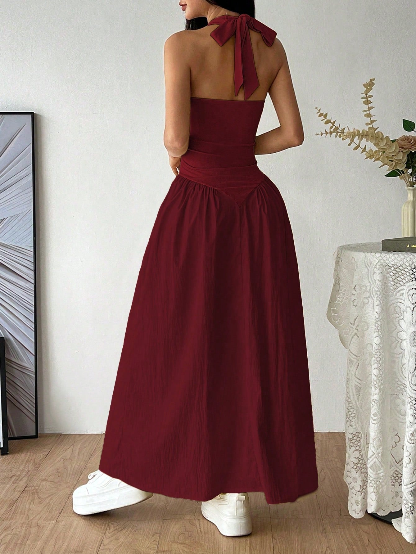 Flirla French Deep V-Neck Sexy Halter Tie-Up Splice Ruched Waist Dress