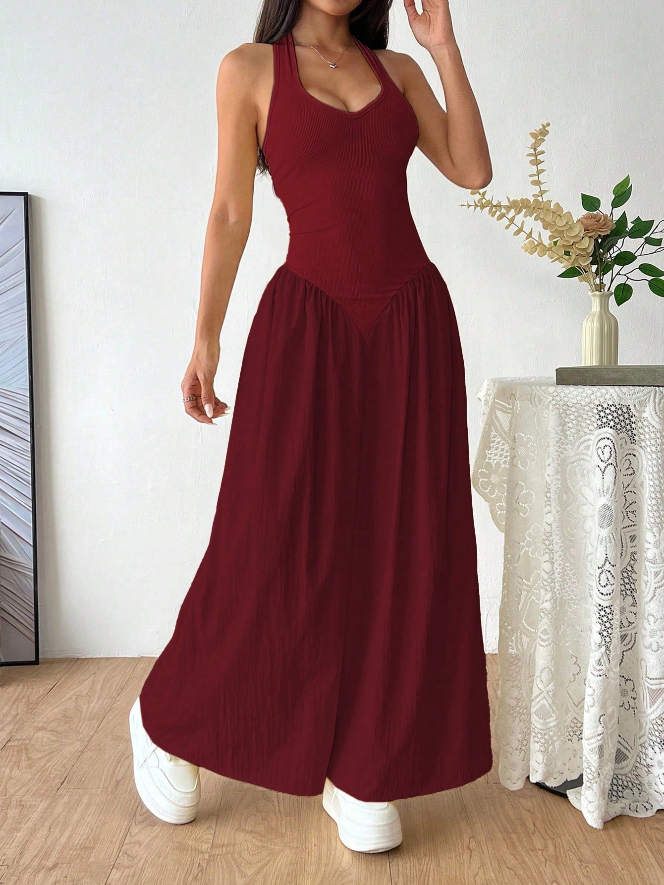 Flirla French Deep V-Neck Sexy Halter Tie-Up Splice Ruched Waist Dress