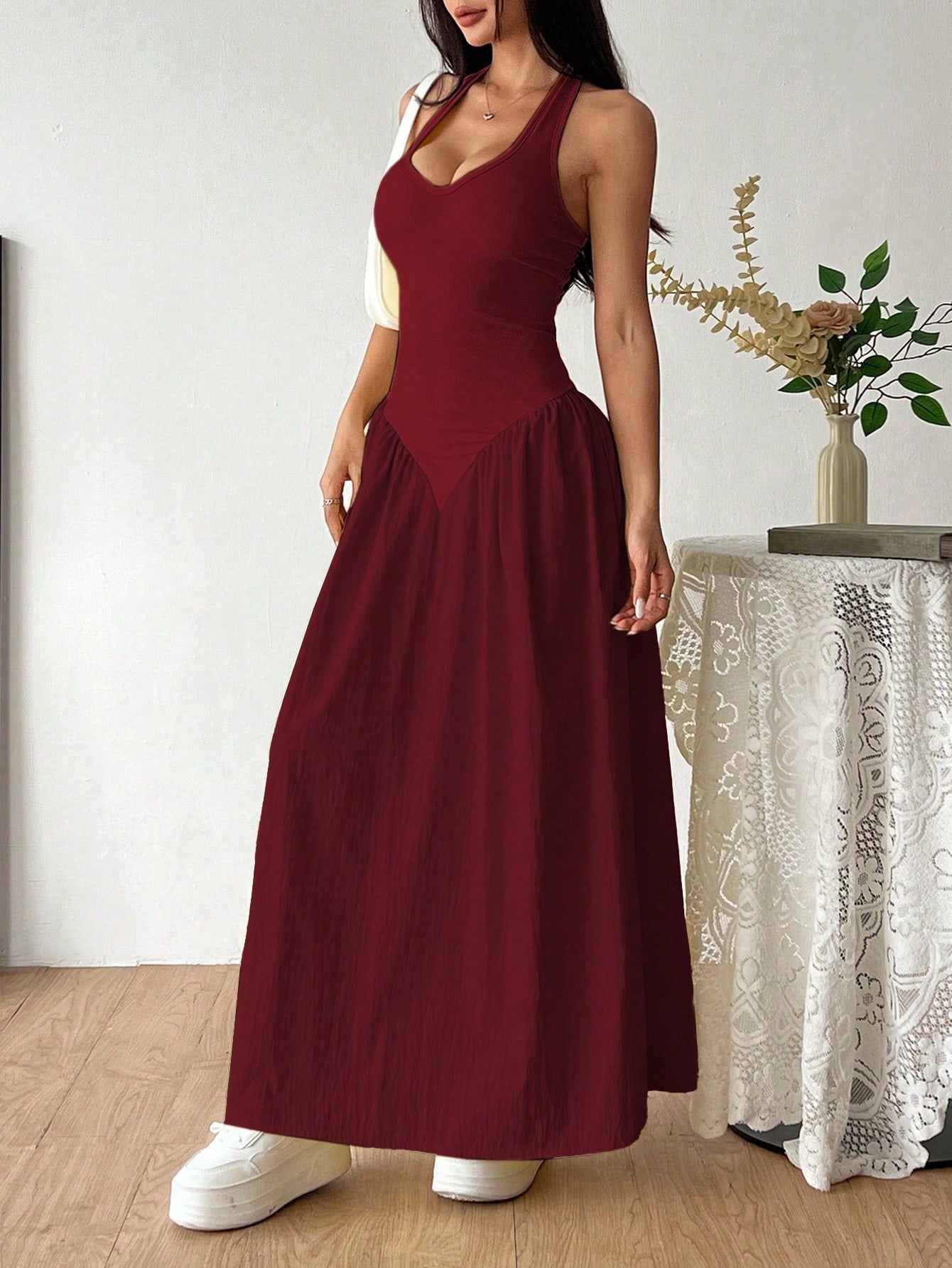 Flirla French Deep V-Neck Sexy Halter Tie-Up Splice Ruched Waist Dress