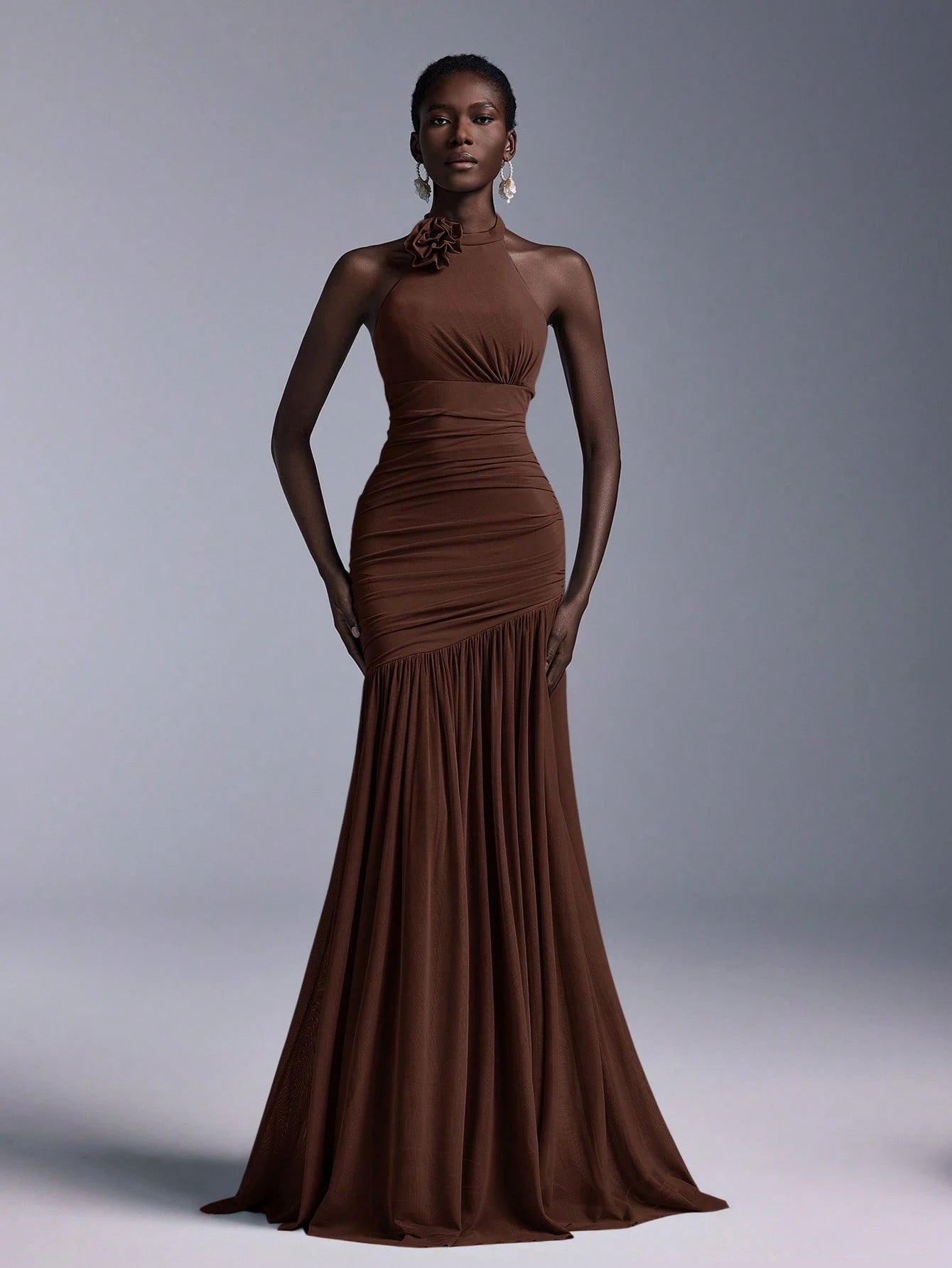 Elitara Elegant Halter-Neck Floral Ruched Tulle Mermaid Bridesmaid Dress