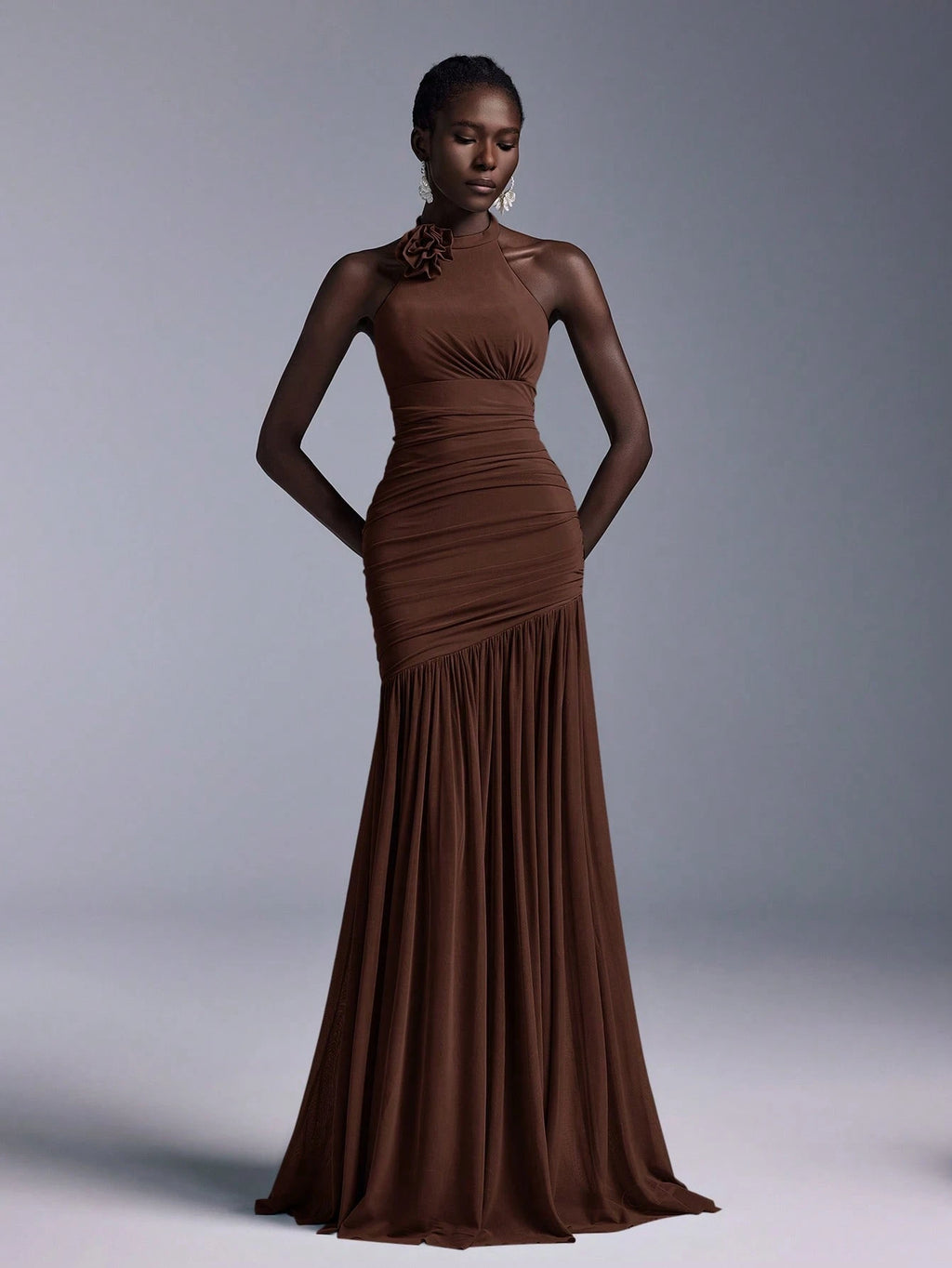 Elitara Elegant Halter-Neck Floral Ruched Tulle Mermaid Bridesmaid Dress - image 4