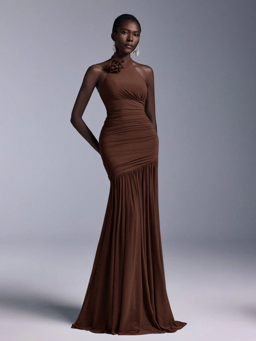 Elitara Elegant Halter-Neck Floral Ruched Tulle Mermaid Bridesmaid Dress - image 5