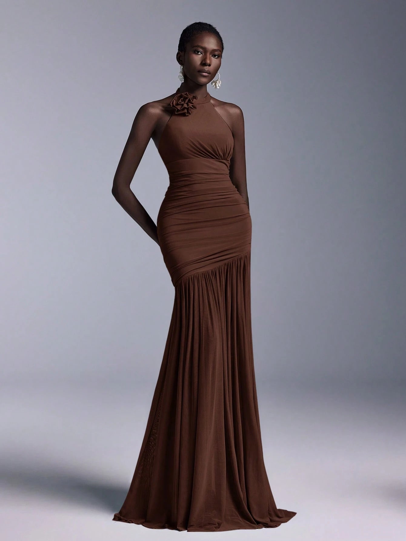 Elitara Elegant Halter-Neck Floral Ruched Tulle Mermaid Bridesmaid Dress - image 5