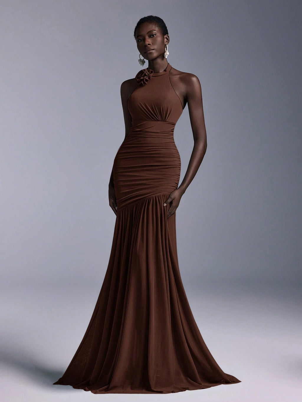 Elitara Elegant Halter-Neck Floral Ruched Tulle Mermaid Bridesmaid Dress - image 7
