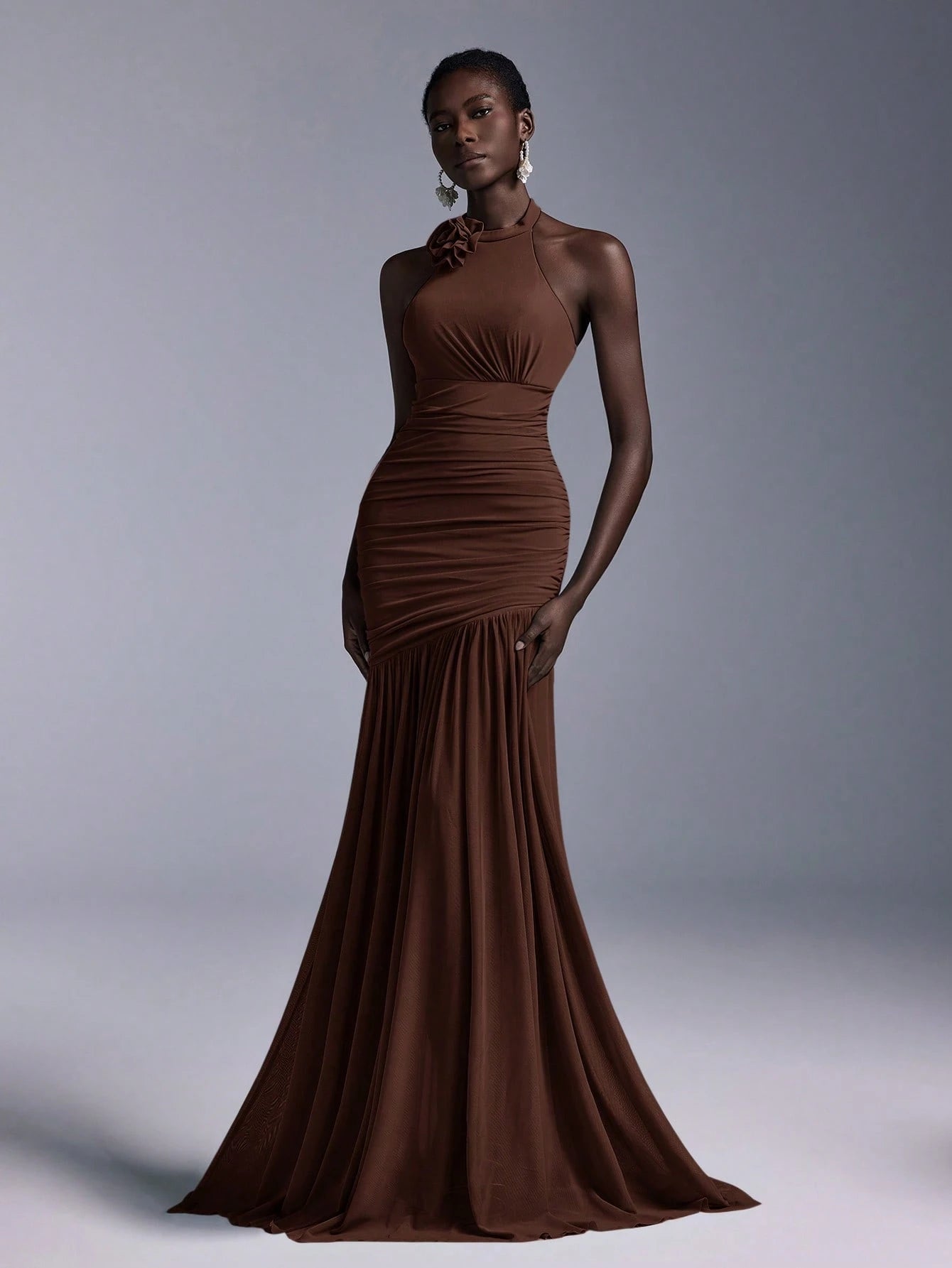 Elitara Elegant Halter-Neck Floral Ruched Tulle Mermaid Bridesmaid Dress - image 7