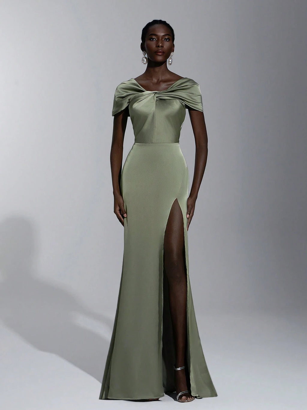 Elitara Sage Green Elegant Formal Wedding Spring Dress, Satin One Shoulder Twist Slim Micro Fishtail Hem - image 6