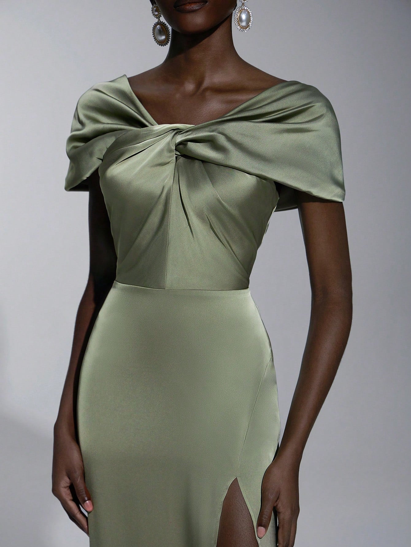 Elitara Sage Green Elegant Formal Wedding Spring Dress, Satin One Shoulder Twist Slim Micro Fishtail Hem - image 5