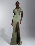 Elitara Sage Green Elegant Formal Wedding Spring Dress, Satin One Shoulder Twist Slim Micro Fishtail Hem