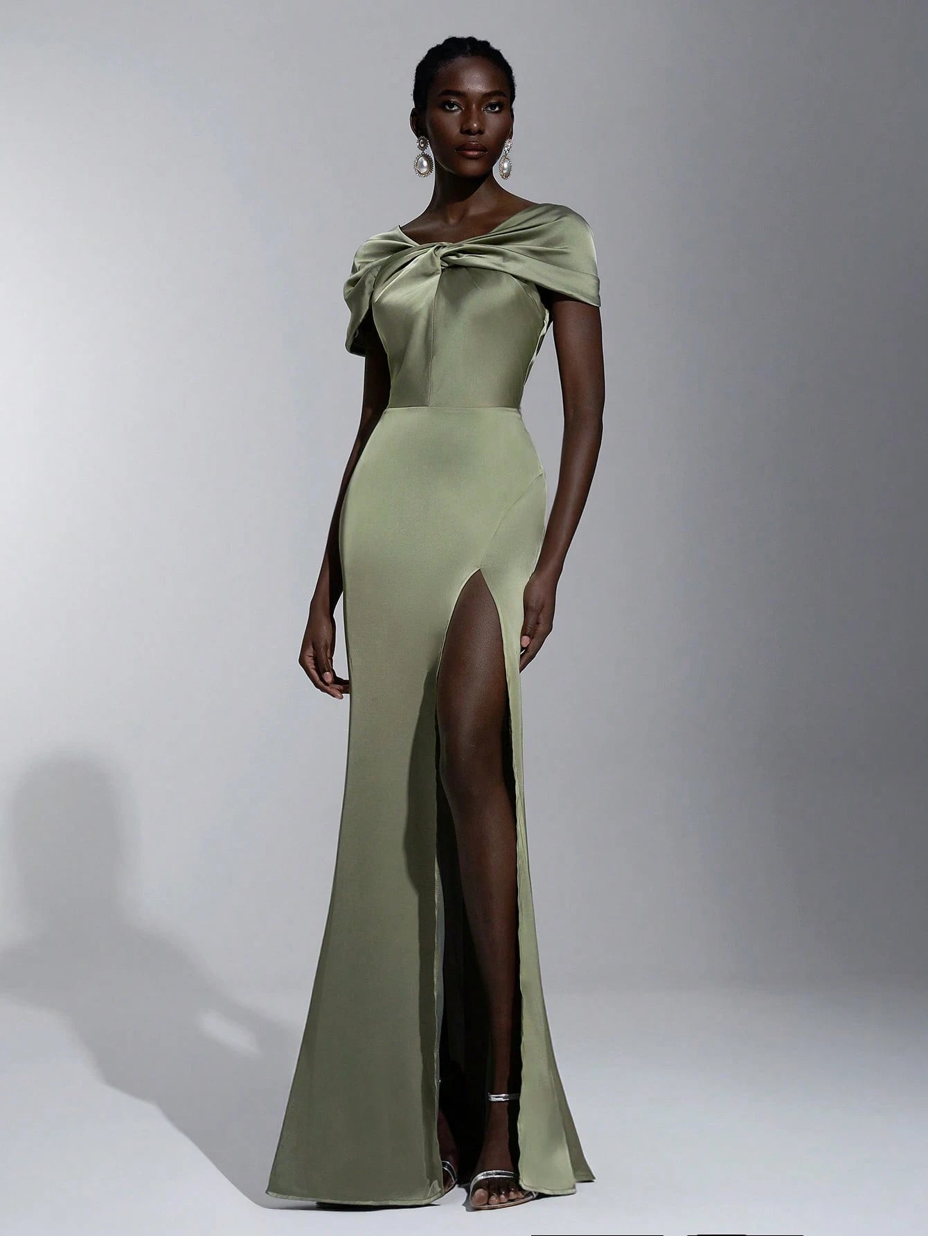 Elitara Sage Green Elegant Formal Wedding Spring Dress, Satin One Shoulder Twist Slim Micro Fishtail Hem