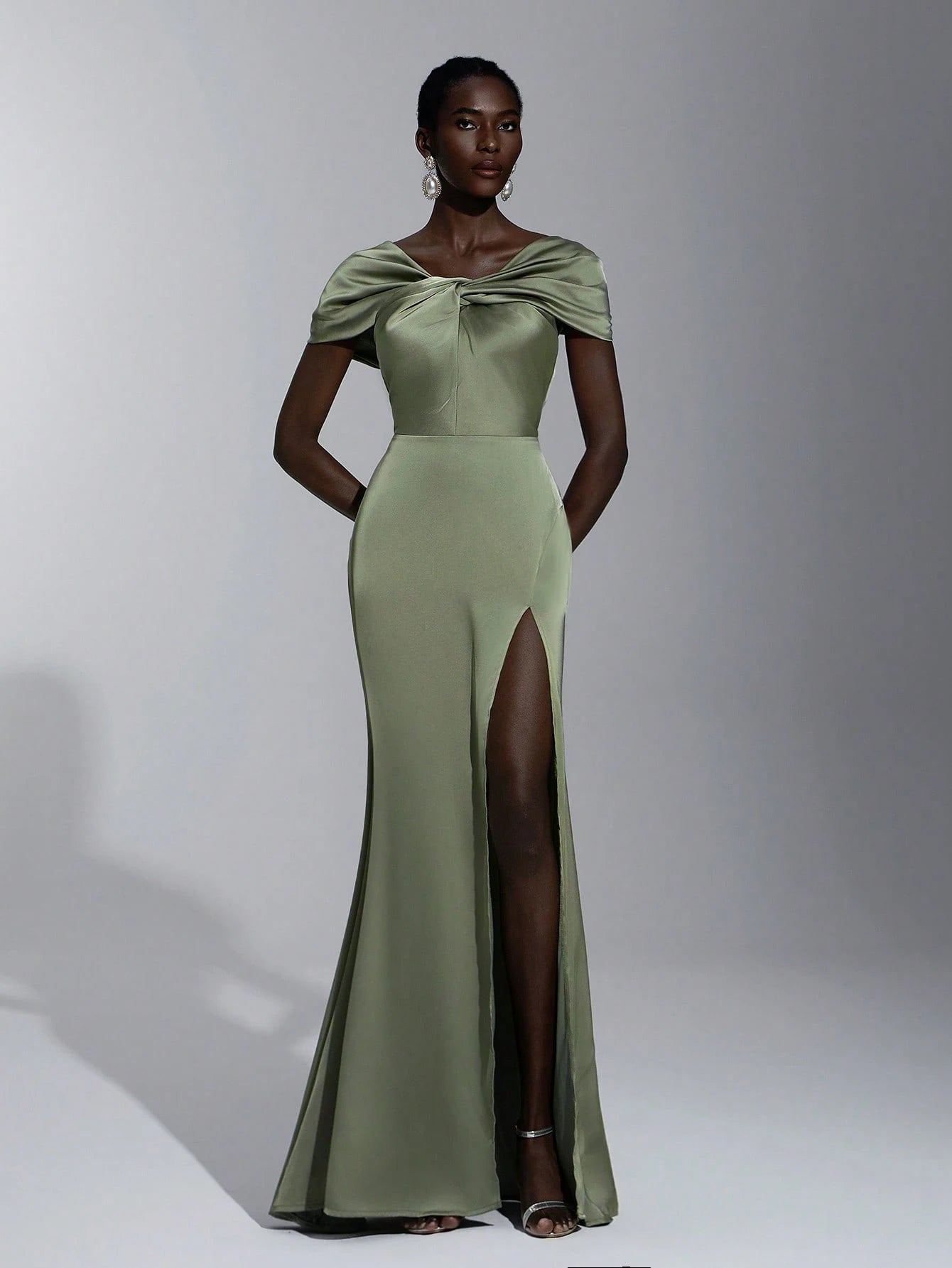 Elitara Sage Green Elegant Formal Wedding Spring Dress, Satin One Shoulder Twist Slim Micro Fishtail Hem - image 4