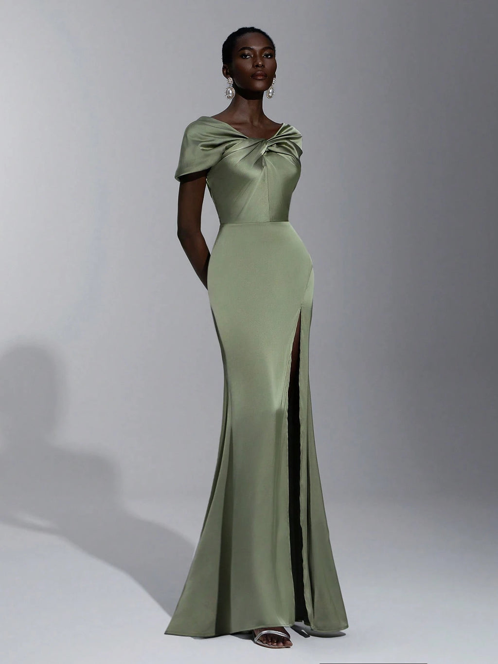 Elitara Sage Green Elegant Formal Wedding Spring Dress, Satin One Shoulder Twist Slim Micro Fishtail Hem - image 7