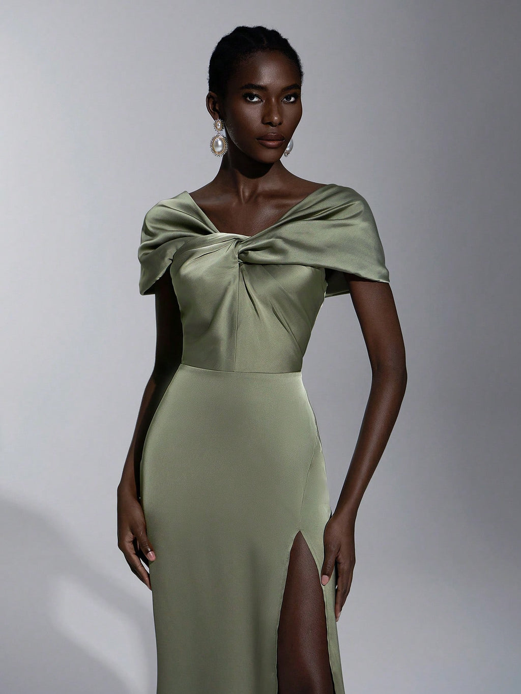 Elitara Sage Green Elegant Formal Wedding Spring Dress, Satin One Shoulder Twist Slim Micro Fishtail Hem - image 3