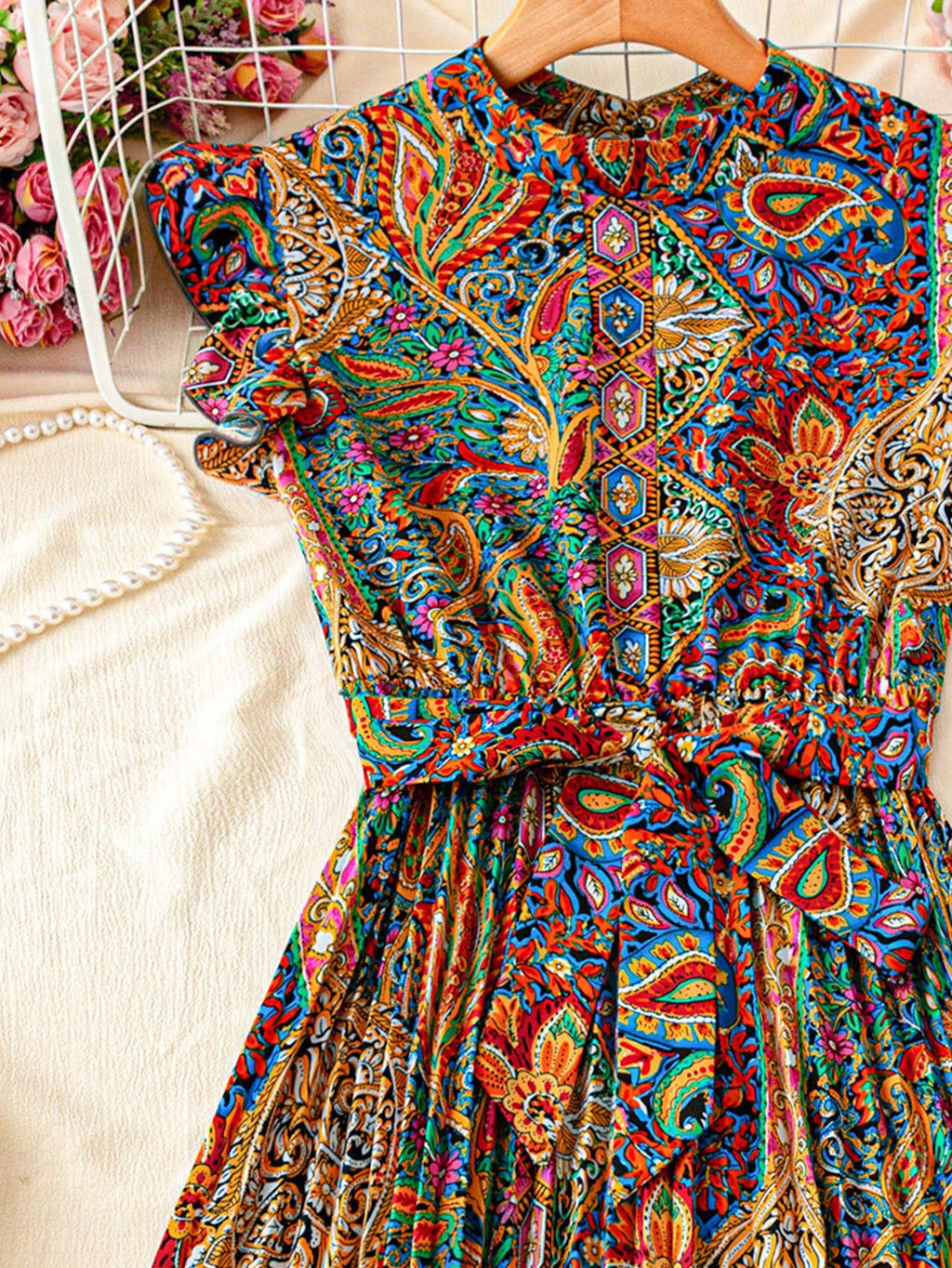 Franclia Leopard Print Ruched Waist Stand Collar Vacation Dress