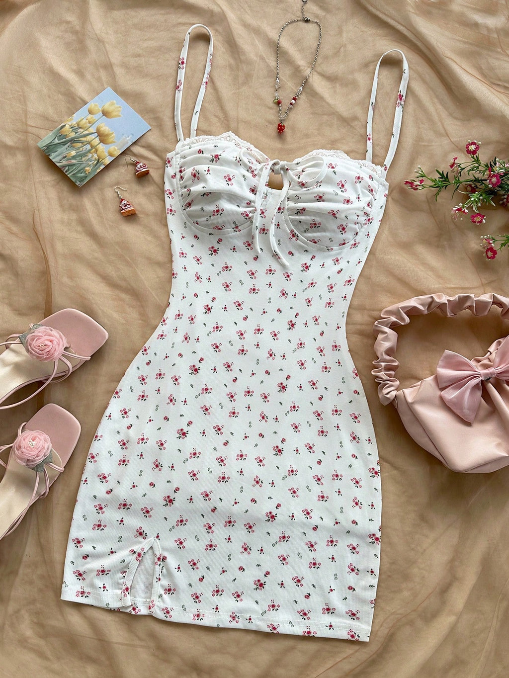 Soleia White And Pink Ditsy Floral Mini Dress,Summer Cottage Core Spaghetti Strap Bustier Patchwork Ruffle