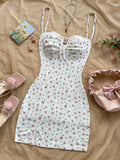 Soleia White And Pink Ditsy Floral Mini Dress,Summer Cottage Core Spaghetti Strap Bustier Patchwork Ruffle