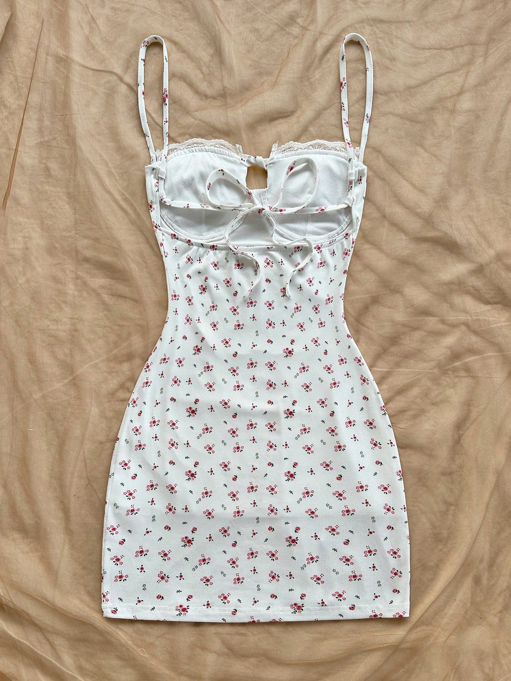 Soleia White And Pink Ditsy Floral Mini Dress,Summer Cottage Core Spaghetti Strap Bustier Patchwork Ruffle - image 2