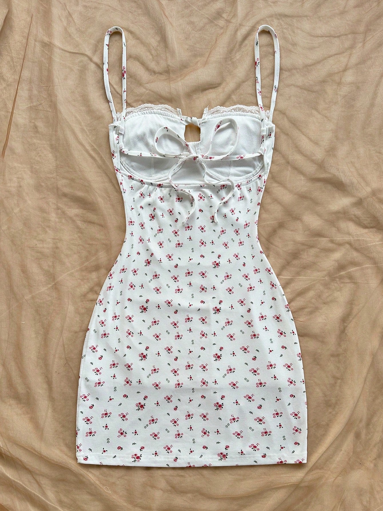 Soleia White And Pink Ditsy Floral Mini Dress,Summer Cottage Core Spaghetti Strap Bustier Patchwork Ruffle - image 2