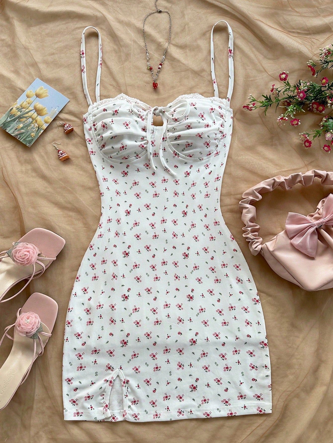 Soleia White And Pink Ditsy Floral Mini Dress,Summer Cottage Core Spaghetti Strap Bustier Patchwork Ruffle - image 3