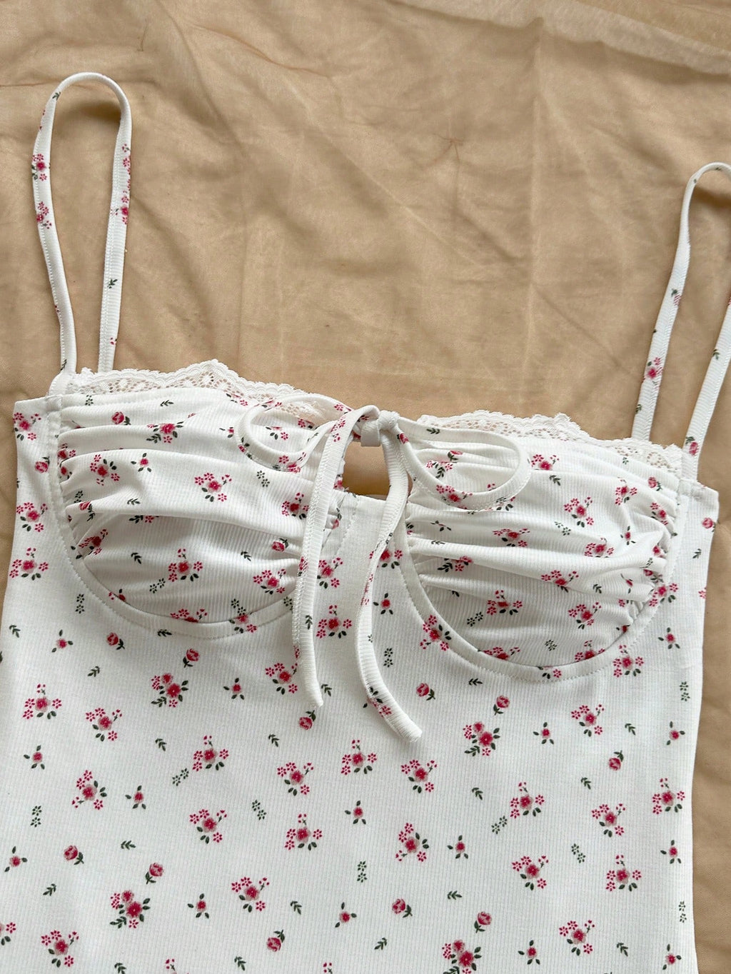 Soleia White And Pink Ditsy Floral Mini Dress,Summer Cottage Core Spaghetti Strap Bustier Patchwork Ruffle - image 4