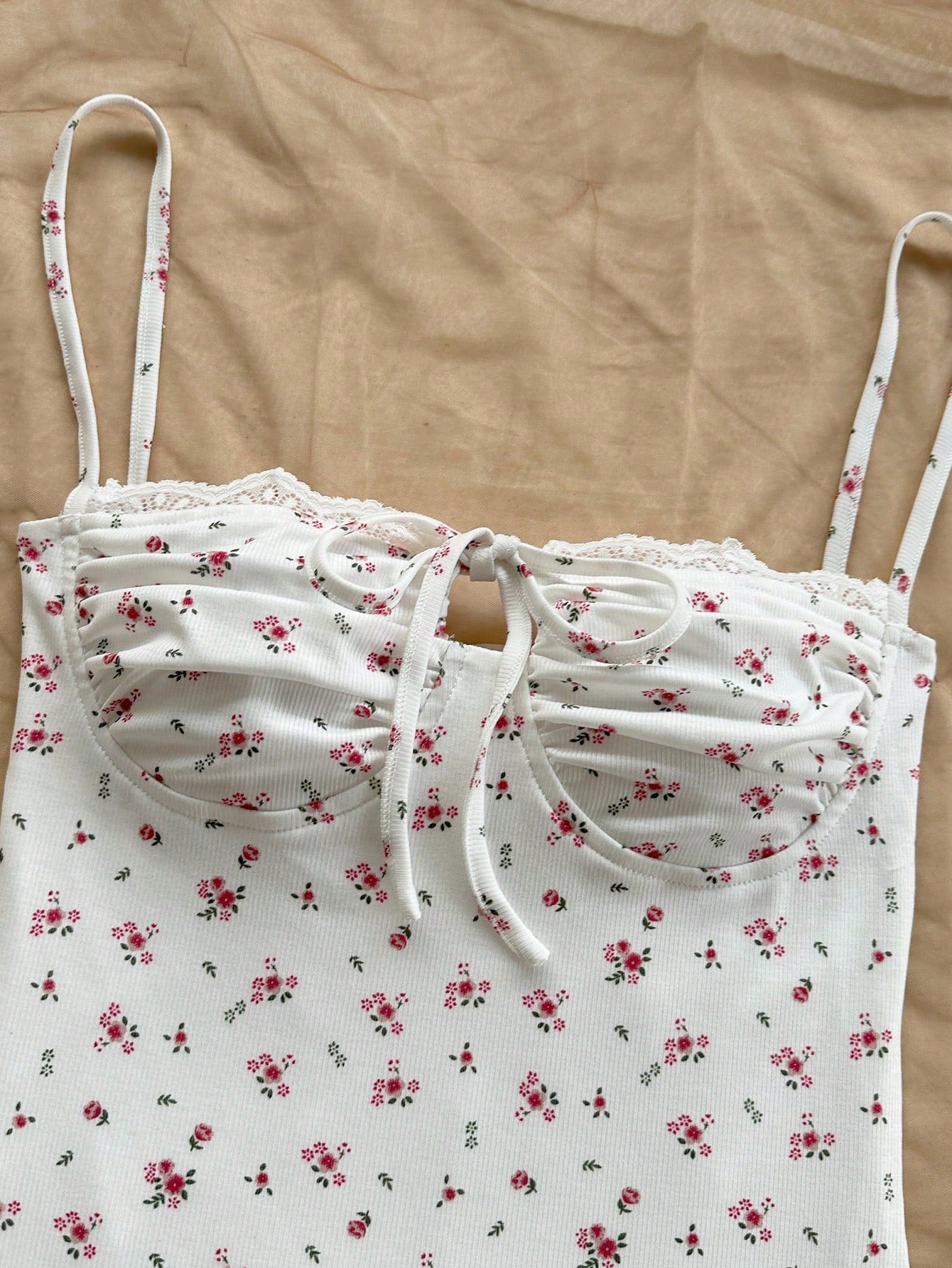 Soleia White And Pink Ditsy Floral Mini Dress,Summer Cottage Core Spaghetti Strap Bustier Patchwork Ruffle - image 4