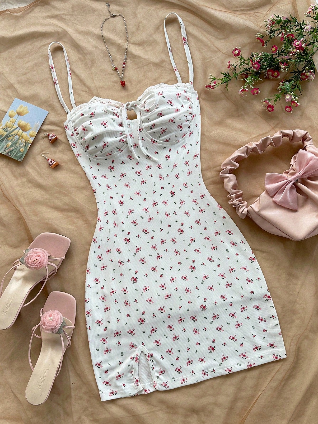 Soleia White And Pink Ditsy Floral Mini Dress,Summer Cottage Core Spaghetti Strap Bustier Patchwork Ruffle - image 5