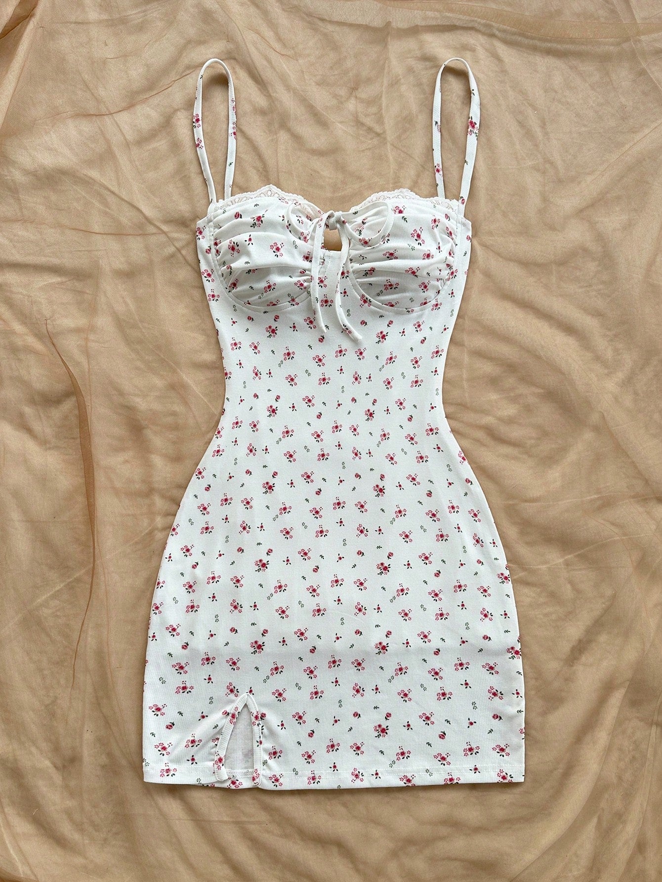 Soleia White And Pink Ditsy Floral Mini Dress,Summer Cottage Core Spaghetti Strap Bustier Patchwork Ruffle - image 6