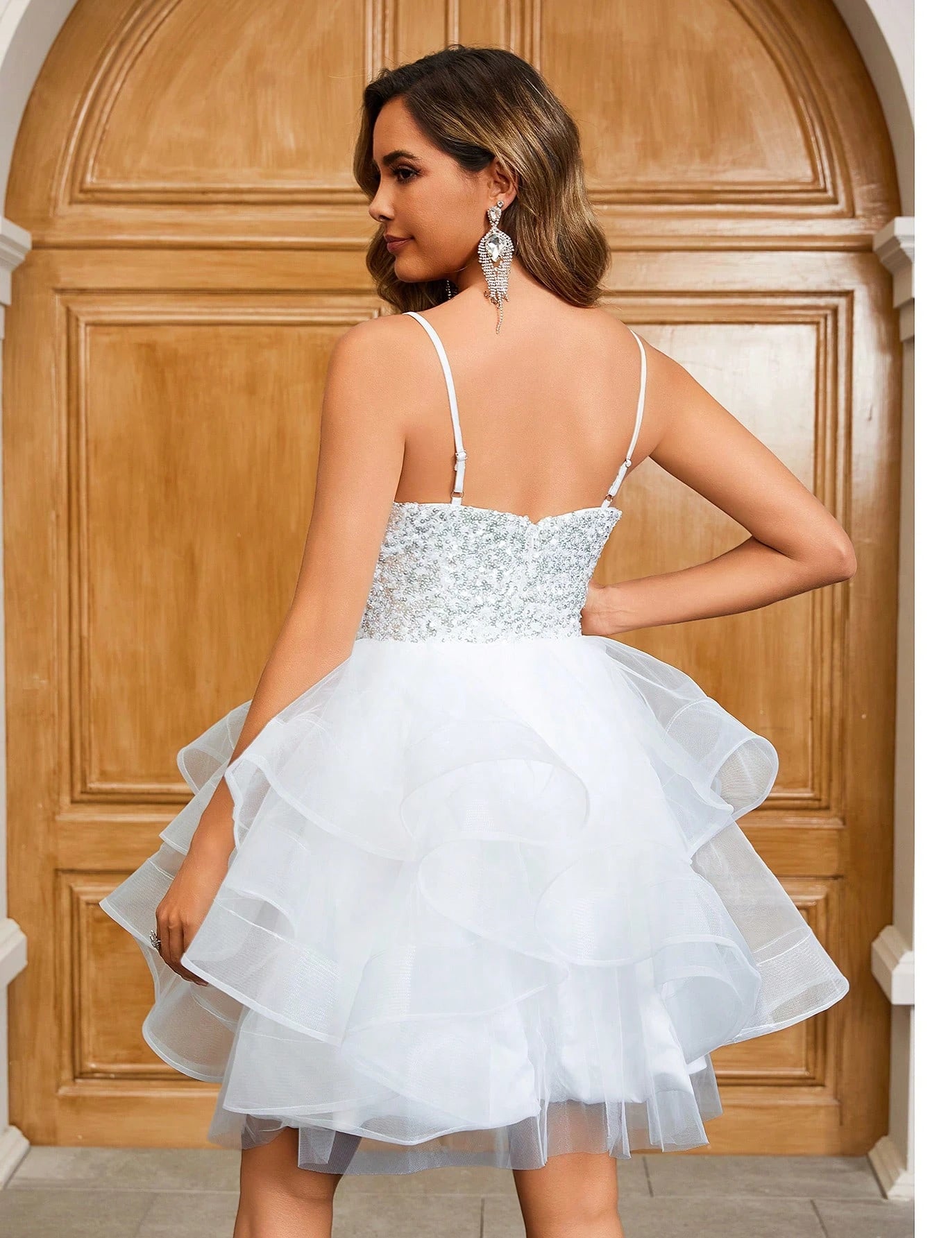 YUMIBRAVO Elegant Sequin Contrast Mesh Spaghetti Strap Wedding Dress Spring White - image 6