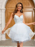 YUMIBRAVO Elegant Sequin Contrast Mesh Spaghetti Strap Wedding Dress Spring White