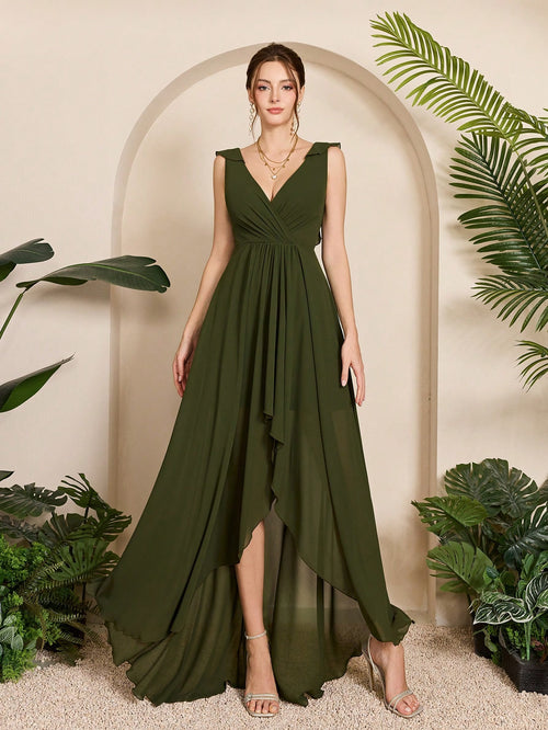 Asymmetric Ruffle Chiffon Elegant Bridesmaid Dress Wedding