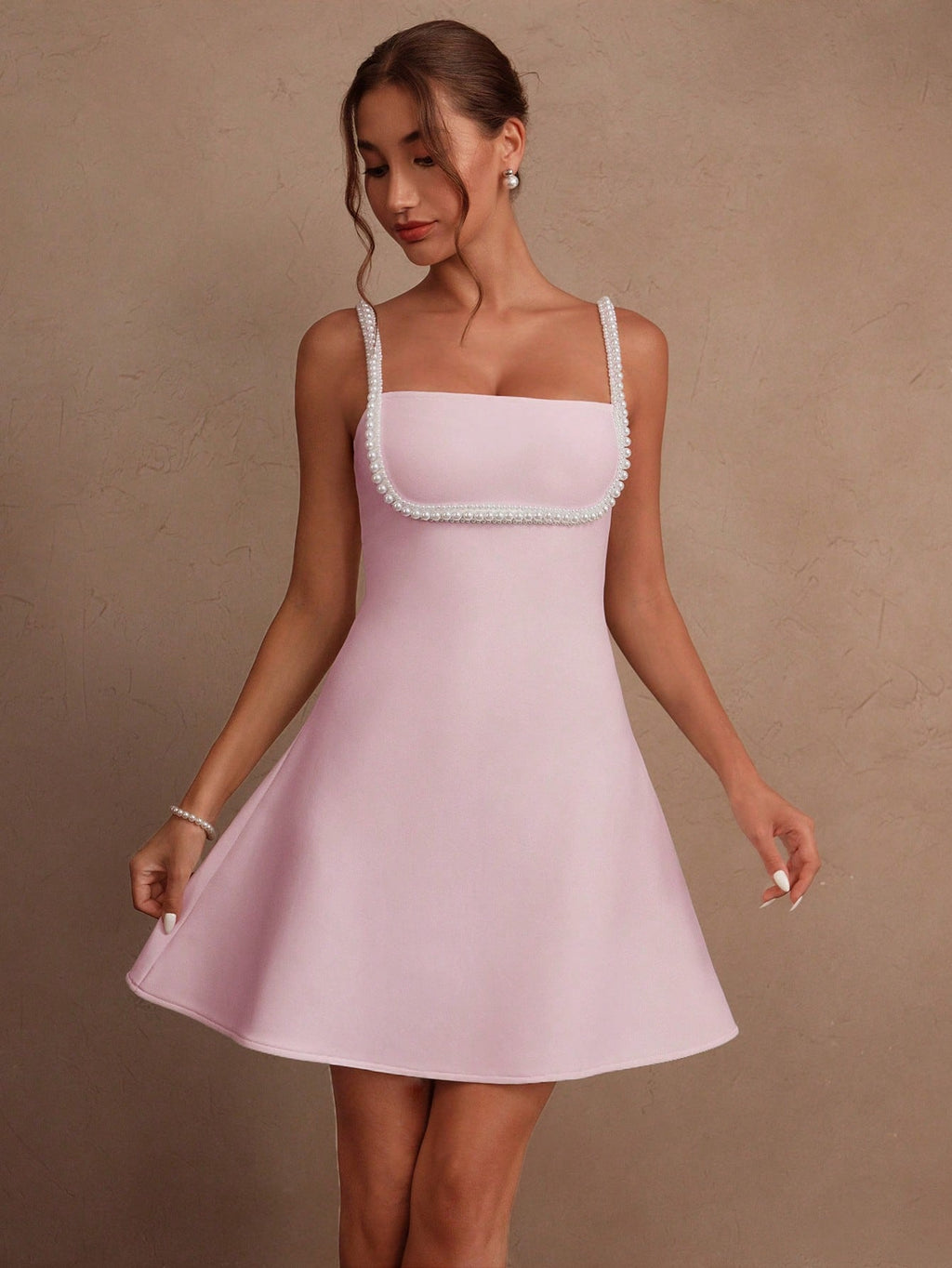 Savoree Women's Elegant Light Pink Pearl Chain Embellished Spaghetti Strap Bodycon Dress,Chic Minimalist - image 13